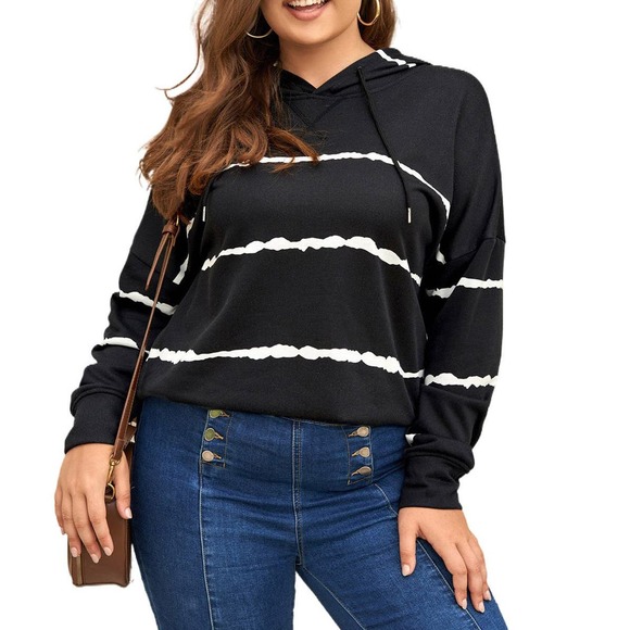 BLACK WHITE TIE DYE STRIPED SOFT DRAWSTRING HOODIE SIZE 2X (18-20) - Picture 5 of 8